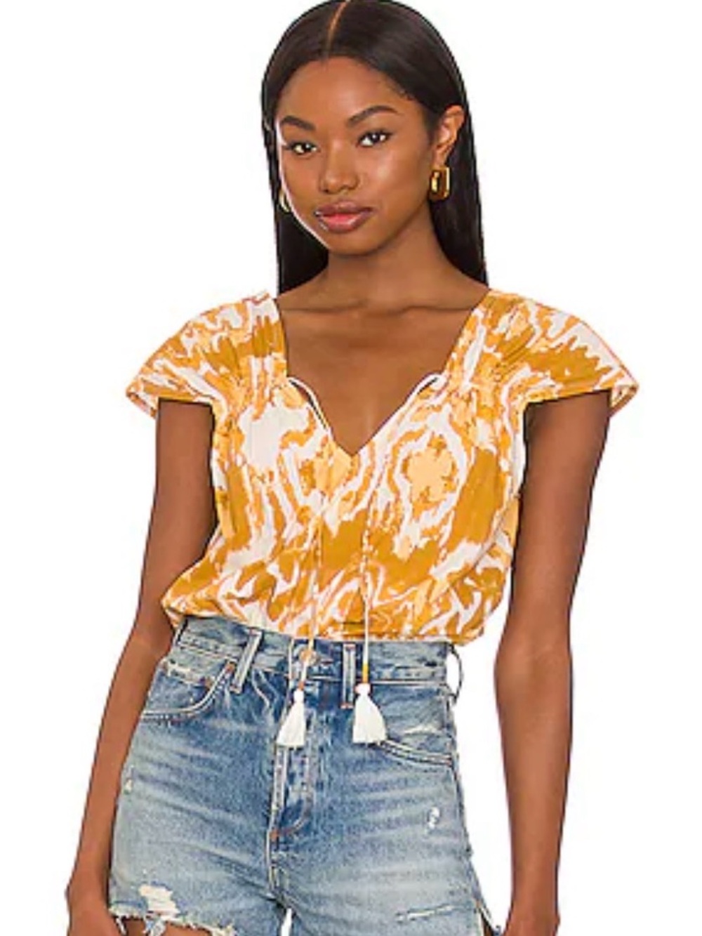 Cleobella Boho Abstract Mustard White V-Neck Tassel Tunic Blouse Top Boho Sz M